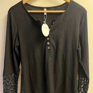 Women's Lace Long Sleeve Top V Neck Button Down Henley Shirt